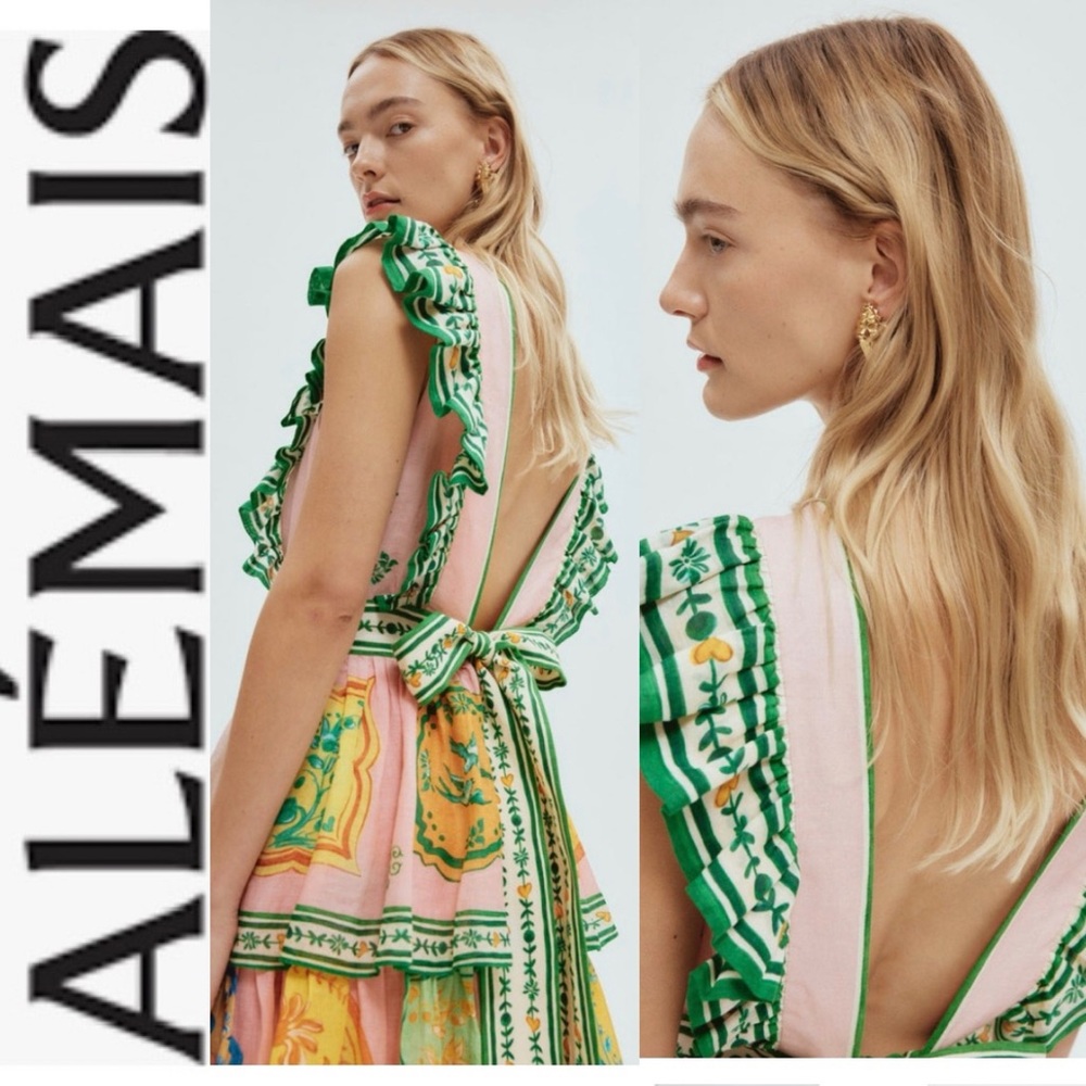 NWT Anthropologie x Alemais Porcelain Frilled Tiered European Flax Midi Dress 4 - Picture 2 of 12